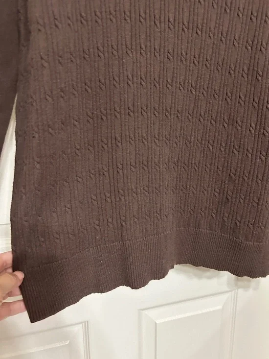 Kim Rogers Chocolate Brown Cotton Cable Knit Button Shoulder Crewneck Sweater L - Picture 10 of 15